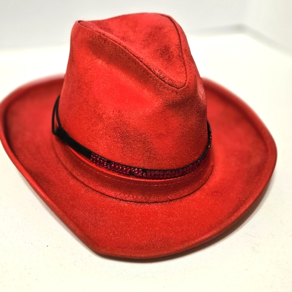 Chapeau de cowboy en cuir Henschel vintage - Bords surpiqués, bande médaillon - France